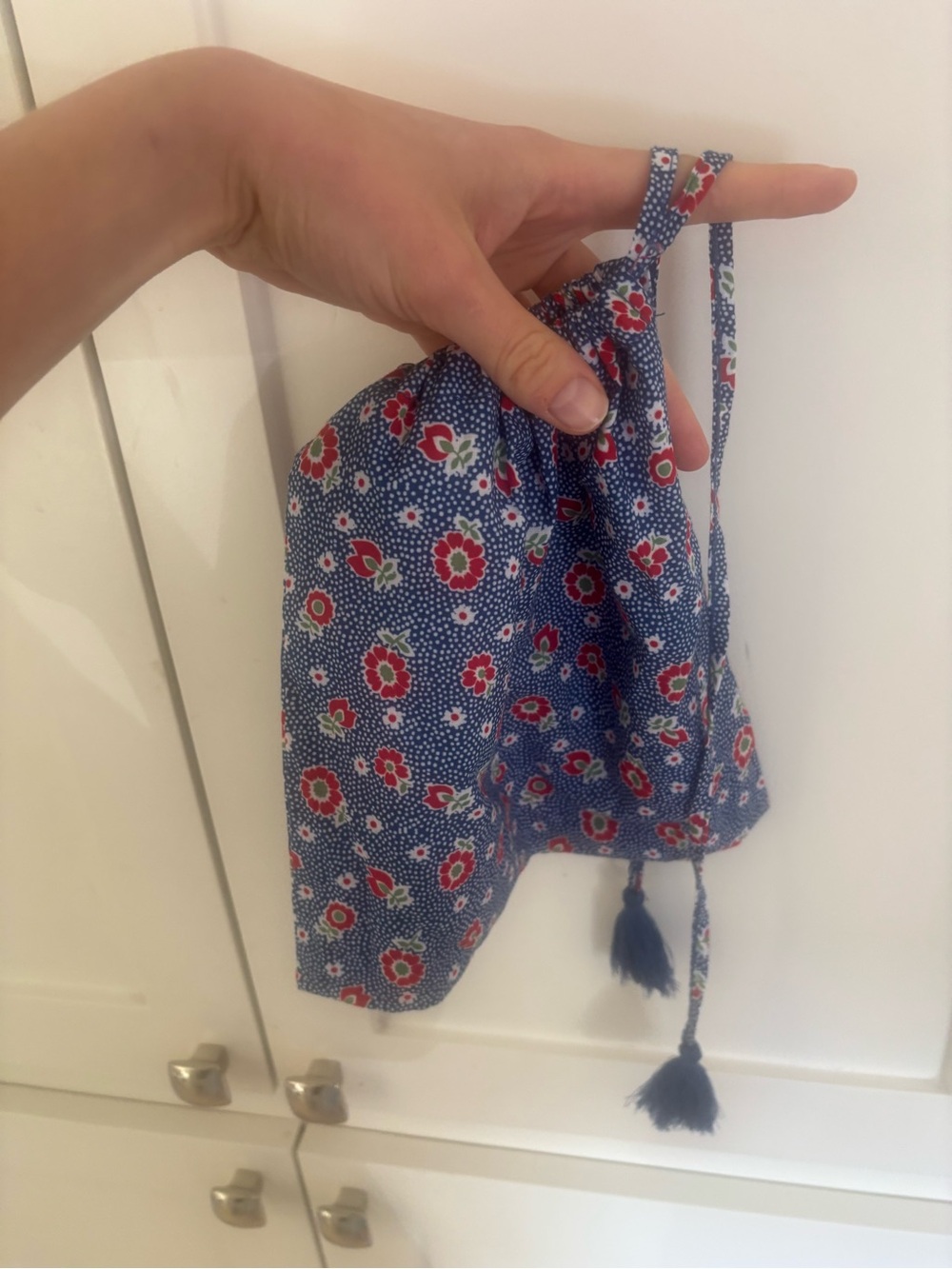 Blue Floral Drawstring Mini Bag with Tassel Details